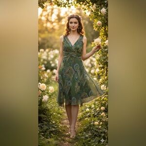 Vintage 90s Y2K Fairy Morrell Maxie Green Paisley Silk Slip Dress Sleeveless 4‎